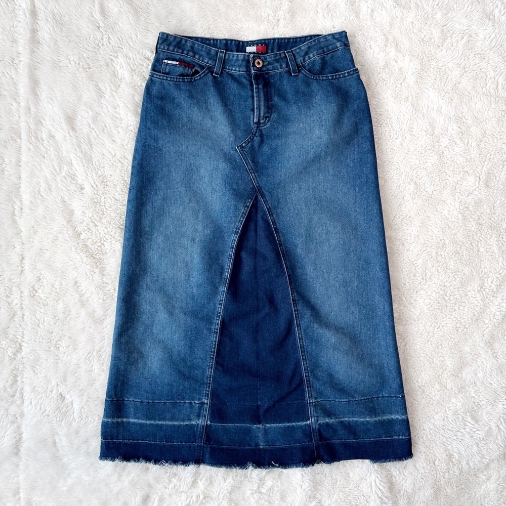 VTG 90s Tommy Hilfiger Denim Long Midi Raw Hem Skirt SZ9 Y2K Preppy Western